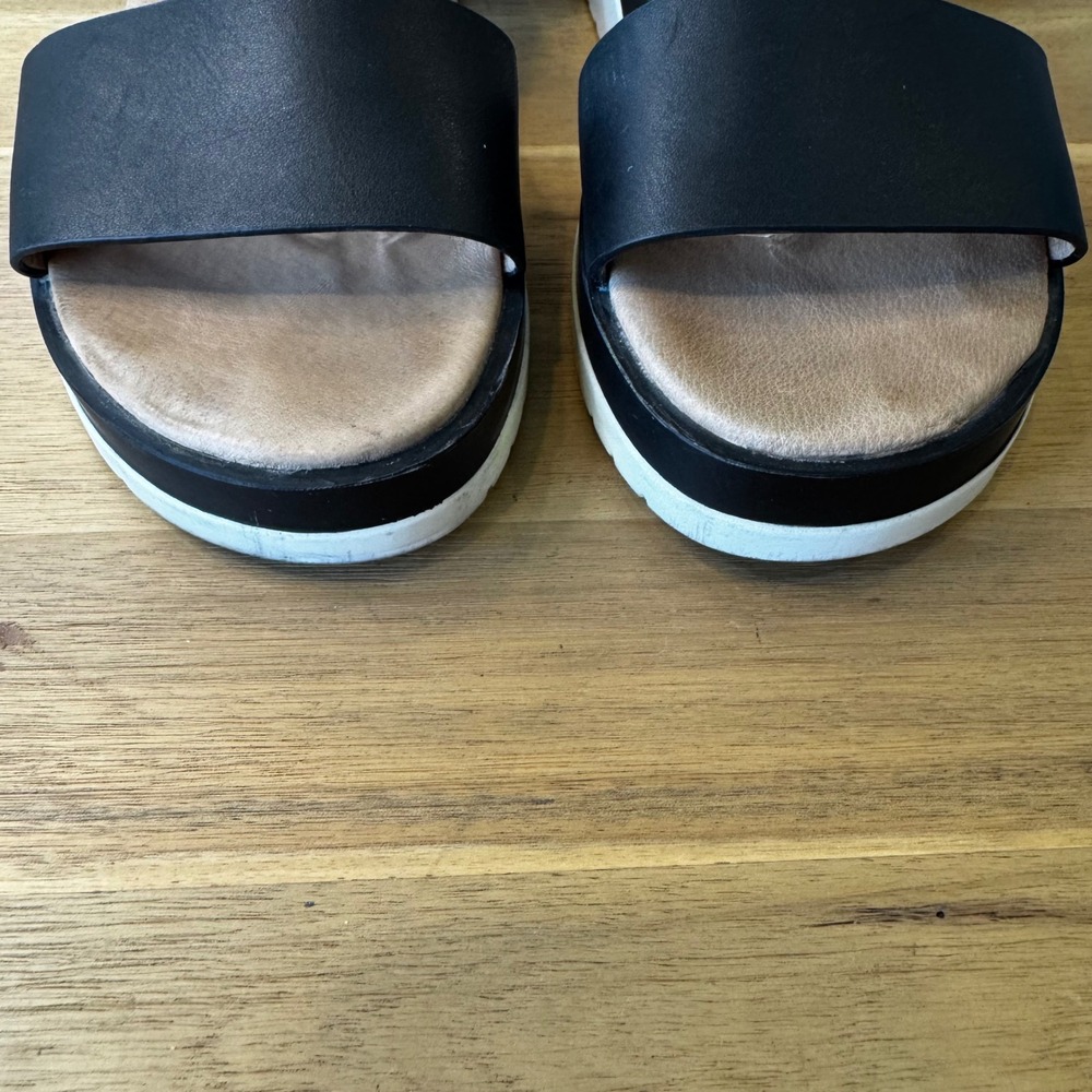 Jo Mercer Women 11 EU 42 Black Leather Wedge Heel Sandals Ankle Strap White Sole - Picture 9 of 16